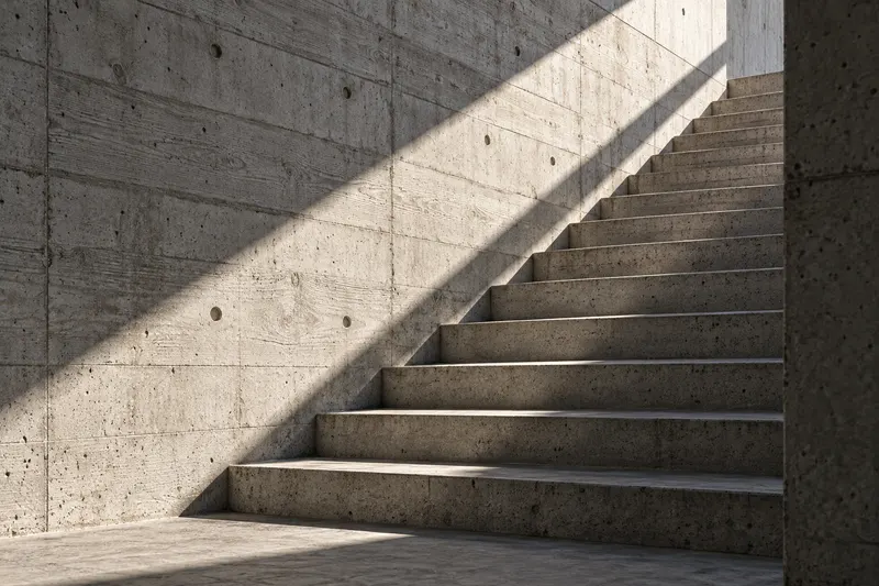 Monolit betonlépcső fal mentén, súroló napfényben